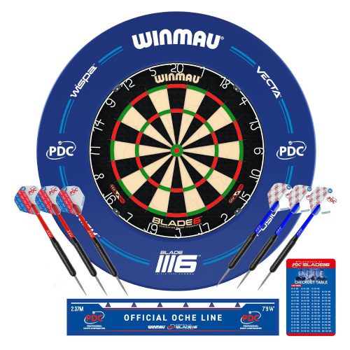 Kompletný šípkový set, terč Winmau Blade 6, PDC chránič steny, 2 sety šípok, štartovacia čiara, výst